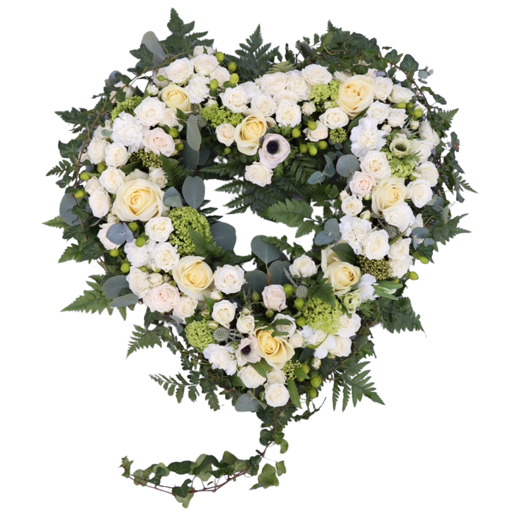 Bild på ett öppet begravningshjärta i vita toner i storlek stor.