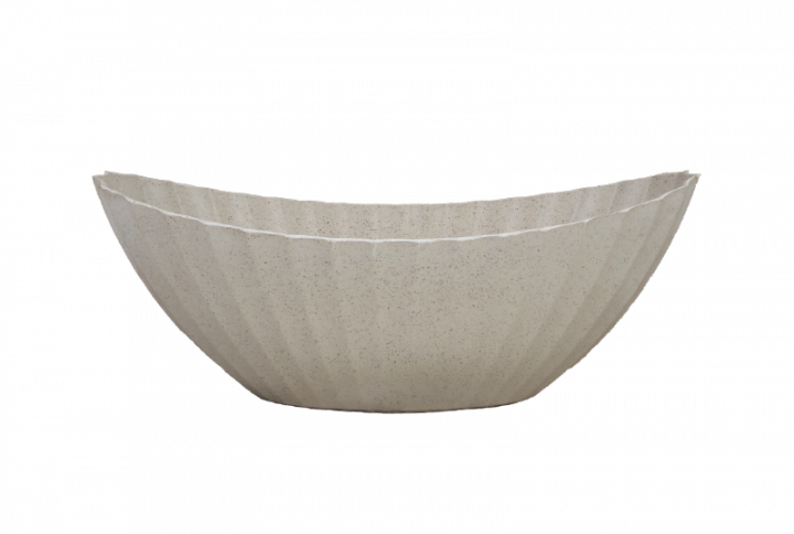 Oval plantskål i beige, ribbad yta